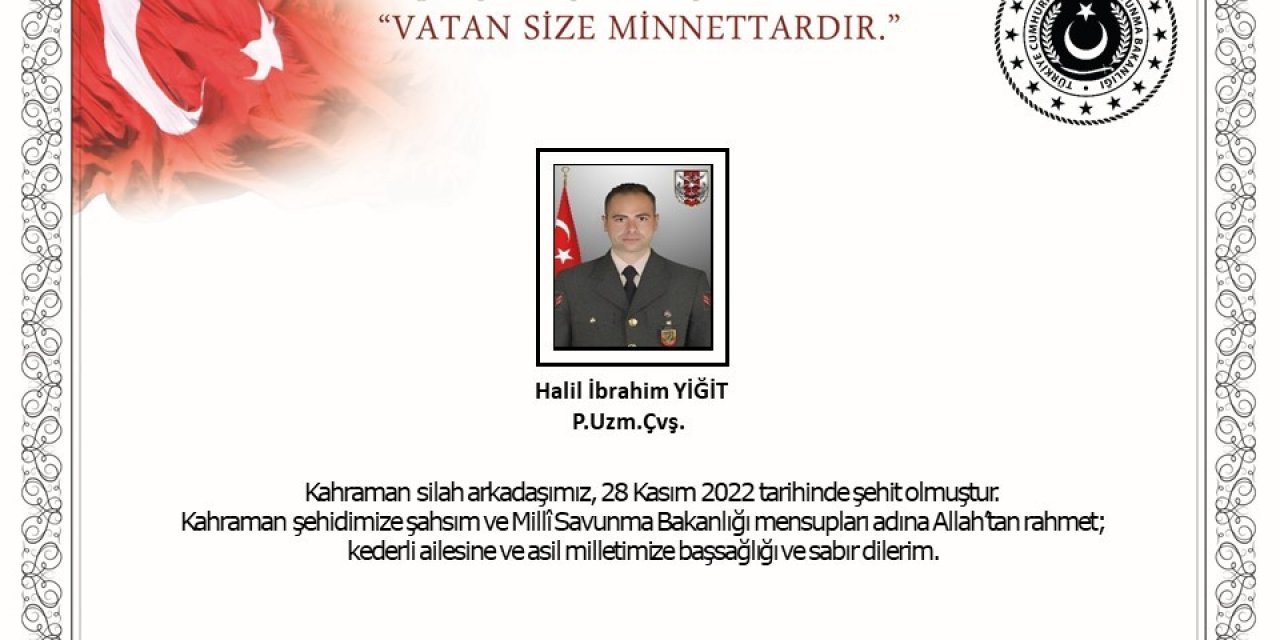 Milli Savunma Bakanlığı 1 askerin şehit olduğunu açıkladı