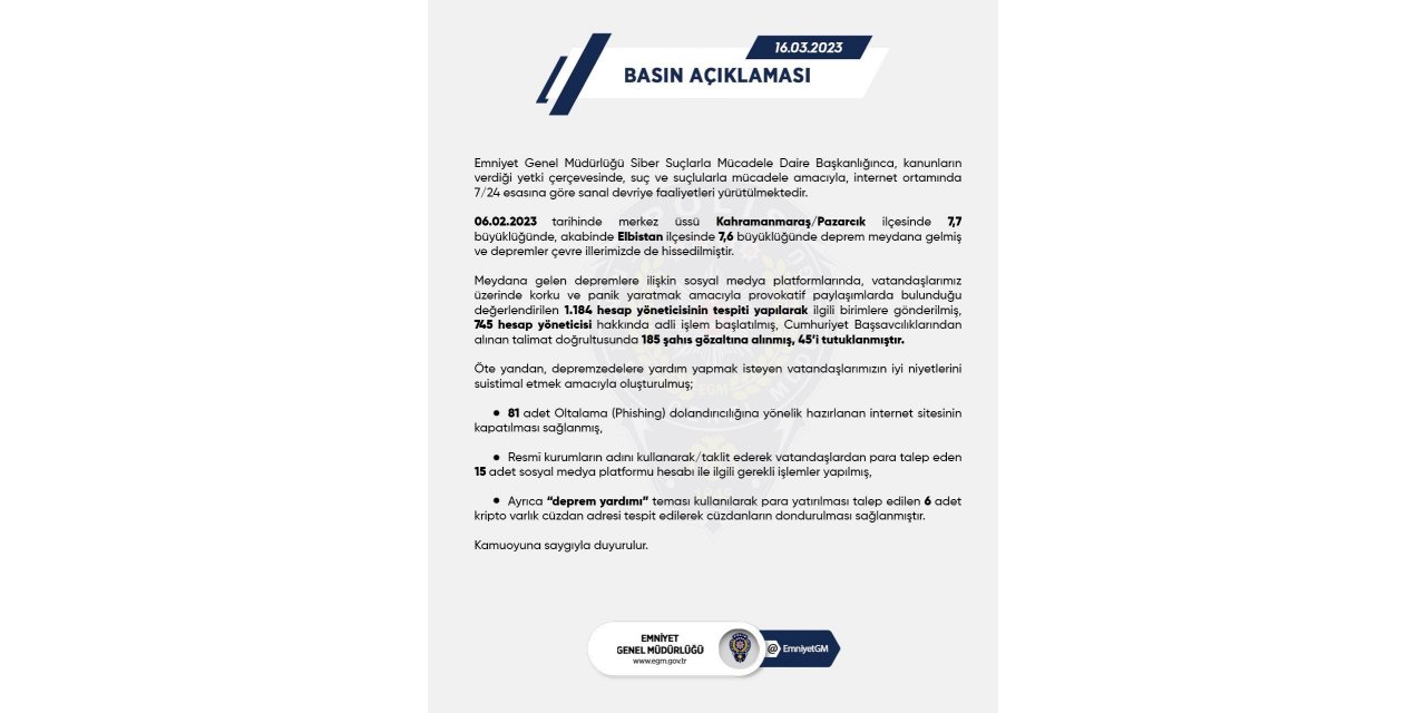 Sosyal medyada depreme ilişkin provokatif paylaşımlarda bulunan 45 kişi tutuklandı