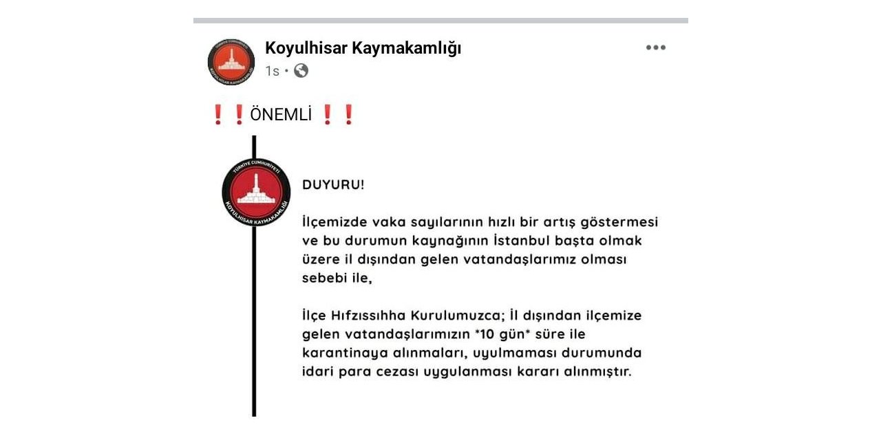 Bu ilçeye gelen 10 gün karantinada kalacak
