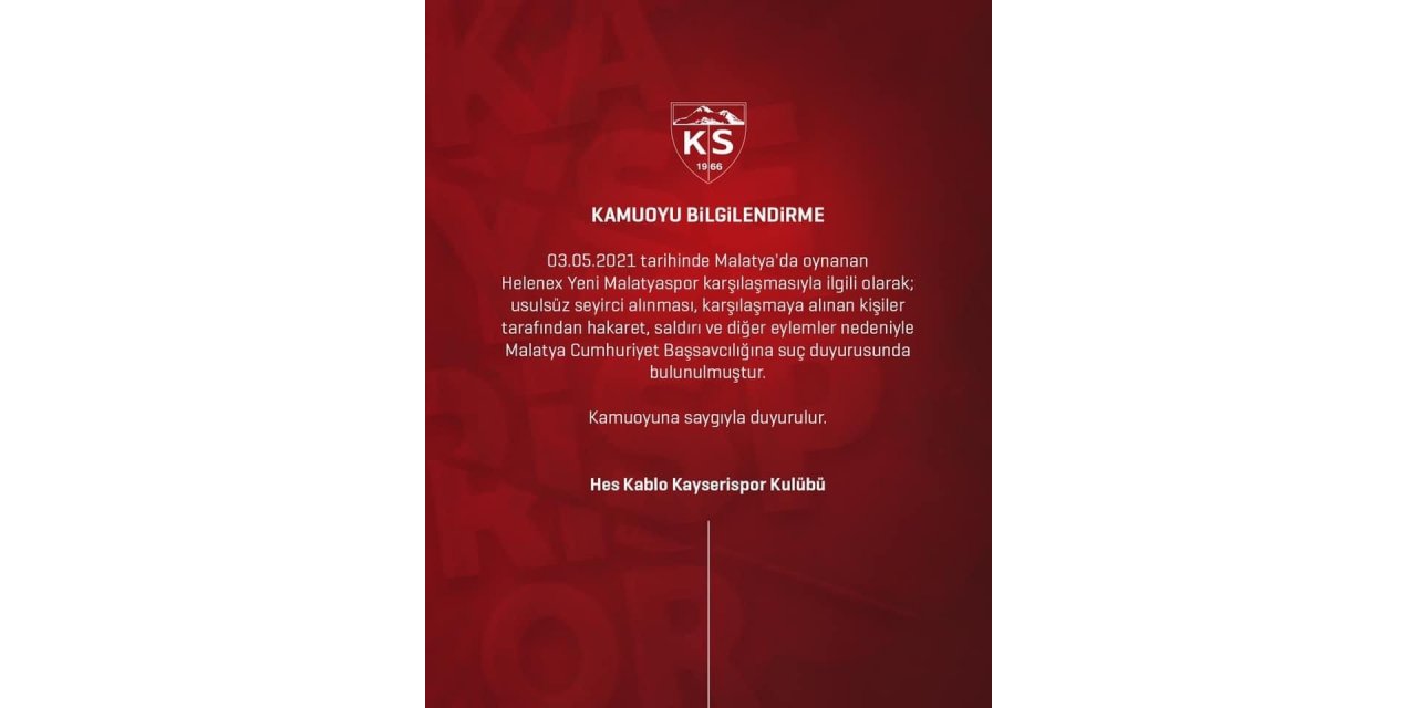 Kayserispor usulsüz seyirci için Cumhuriyet Başsavcılığına başvurdu