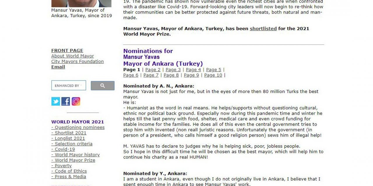 Ankara Büyükşehir Belediye Başkanı Yavaş, “World Mayor’da” finale kaldı