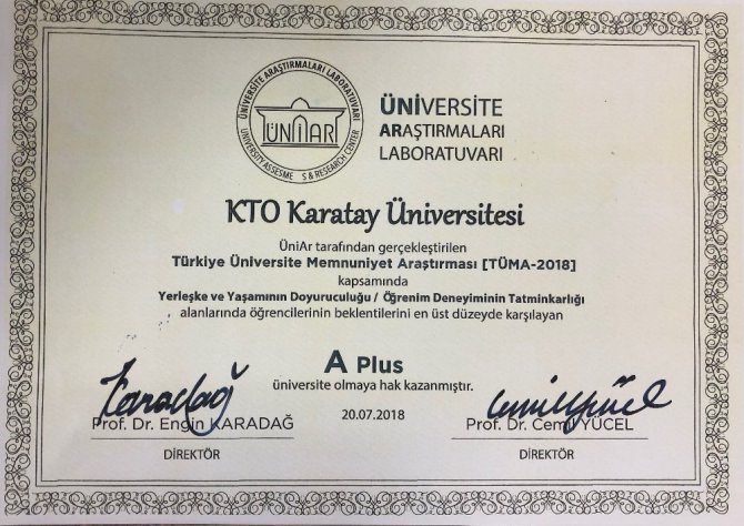 KTO Karatay, A Plus üniversiteler arasında yerini aldı
