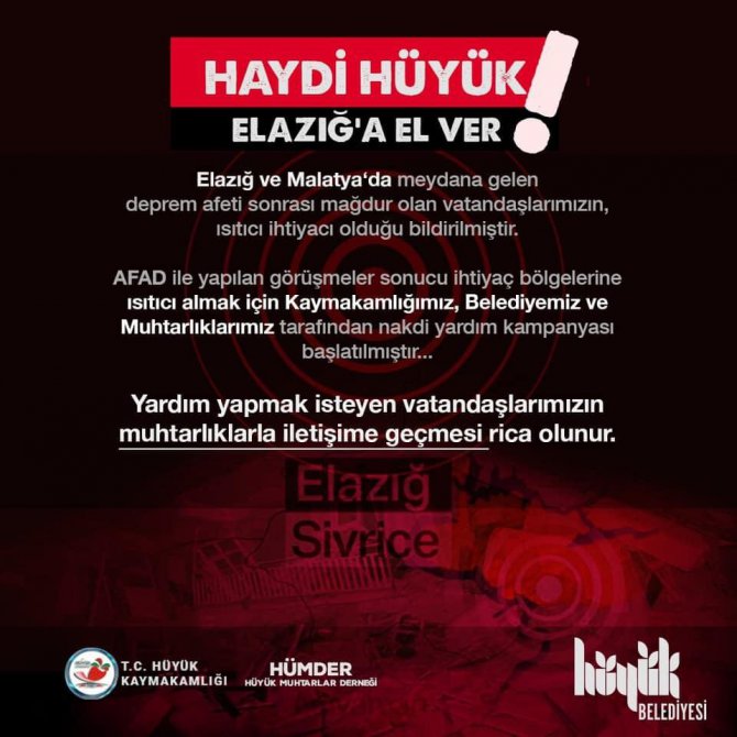 Hüyük’te “Haydi Hüyük Elazığ’a el ver” adlı yardım kampanyası