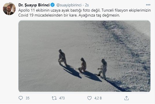 Bakan Yardımcısı Birinci: "Apollo 11 ekibinin uzaya ayak bastığı foto değil, Tunceli filasyon ekiplerimizin Covid-19 mücadelesinden bir kare"