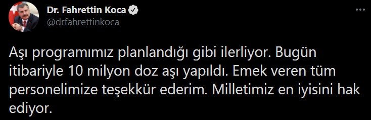Bakan Koca 10 milyon vatandaşın aşılandığını duyurdu
