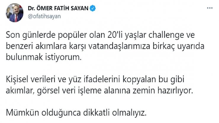 Ulaştırma ve Altyapı Bakan Yardımcısı Sayan’dan 20’li yaşlar challenge’a karşı uyarı