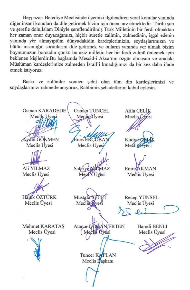 Beypazarı Belediye Meclisi’nden İsrail, Çin, Myanmar ve Hindistan kınama