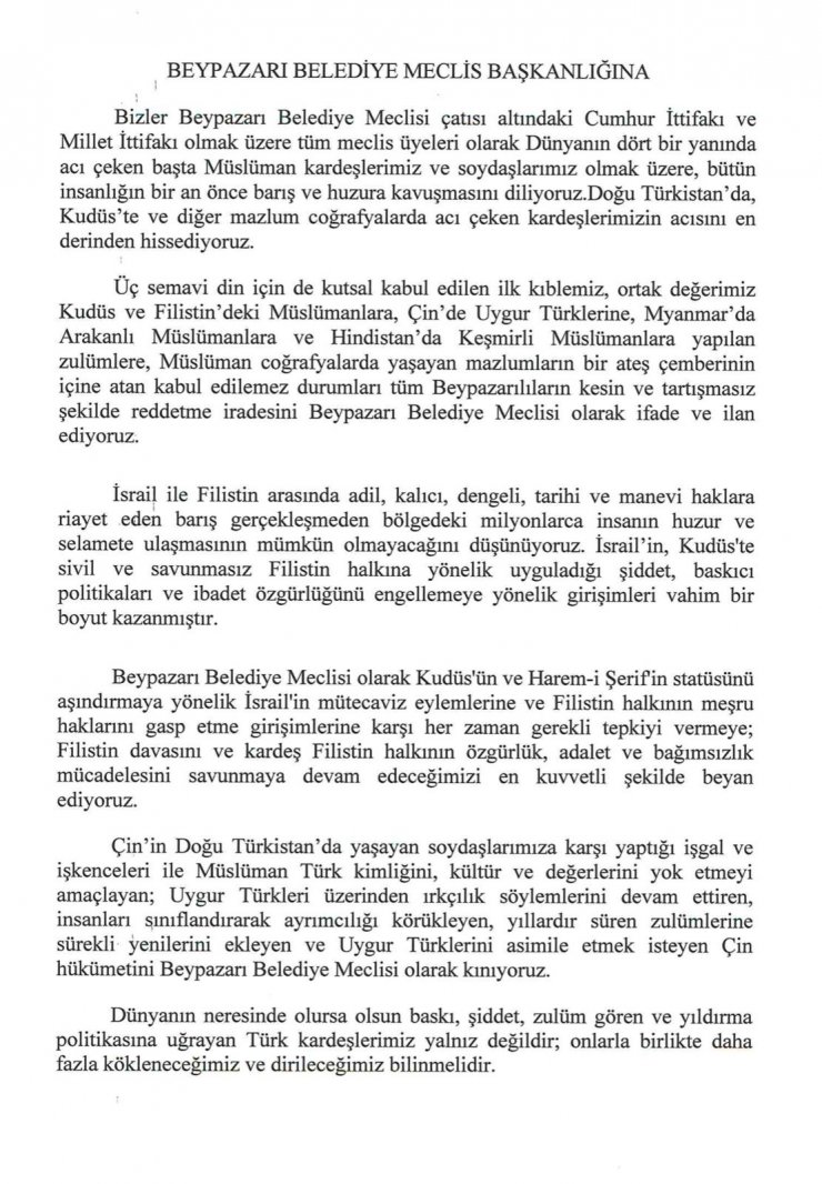Beypazarı Belediye Meclisi’nden İsrail, Çin, Myanmar ve Hindistan kınama
