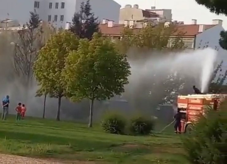 Parkta çıkan yangın itfaiye ekiplerince söndürüldü