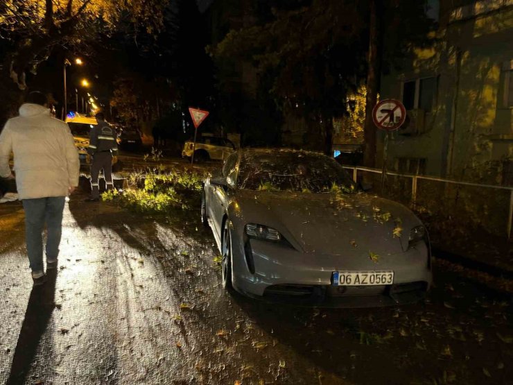 Ankara’da şiddetli rüzgarda kırılan ağaç dalı lüks otomobilin üzerine düştü